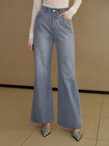 MOTF PREMIUM RHINESTONE DETAIL FLARE LEG JEANS - Blue - View 5