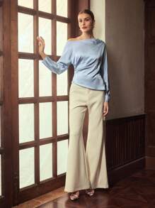 ZEYLAH 3D Flower Decor Oblique Shoulder Long Sleeve Elegant Waist Cinched Blouse, Early Autumn - Blue - View 4