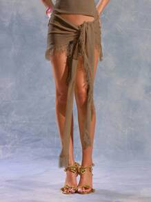 MUSERA 针织系带纱笼裙，适合春季、夏季、伊比沙岛、Y2K、酷女孩、音乐节、锐舞派对、度假、夜店、可爱冬季约会之夜派对等场合。 - 棕色 - 查看 2