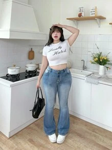 SHEIN CURVE+ 大码休闲水洗修身喇叭牛仔裤 - 淺色水洗藍 - 查看 7