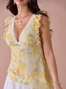 Enchnt Summer/Fall Romantic Women's Butter Yellow Lace Floral Print Asymmetric V-Neck Sleeveless Ruffle Hem Blouse - Yellow - View 2
