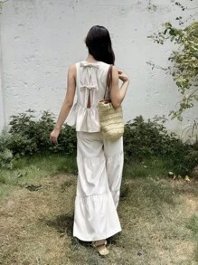 SHEIN 青少年女孩优雅通勤休闲米色套装，背部蝴蝶结设计 - 杏色 - 查看 8