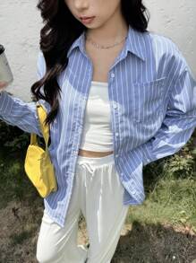 SHEIN Teen Girl French Elegant Loose Blue Striped Shirt & White Pants Casual Suit, Back To School Season - Blue - View 1