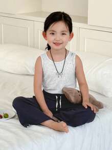 Dazy Kids Conjunto de pijama para niña con camisa de tirantes de unicolor de cuello redondo y pantalones de estar en casa con rayas laterales - Gris - Ver 2