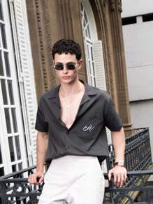 SHEIN X ELOISA & ORSON Musero Collared Embroidered "M" Short Sleeve Button Down Shirt