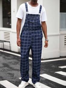 Manfinity Homme Men's Plaid Denim Bib & Brace Overalls, High-Quality Korean Style With Pockets, Straight Leg