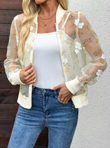 SHEIN LUNE Regular Casual Printed Knit Splice Woven Women Jacket, See Through Sheer Jacket Fall Autumn Going Out - Yellow - View 5