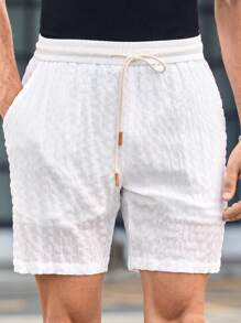 Manfinity VCAY 男士休闲抽绳腰直筒梭织短裤，适合日常穿着 白色短裤男士 白色亚麻短裤男士 白色网眼短裤男士 白色沙滩短裤 白色抽绳短裤男士 全白沙滩裤套装 白色沙滩短裤男士 白色夏季短裤男士