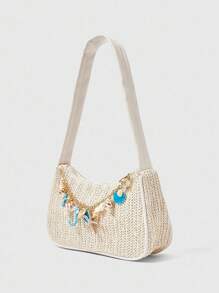 ROMWE Fairycore 1 Set Woven Beach Tote Bag And Accessories, Fashion Personalized Beach Resort Style Ladies Handbag (Includes 1 Bag And 1 Accessory Set) - Beige - View 2