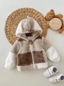 SHEIN Newborn Baby Girls Cute Plush Hooded Jacket, Checkered Pattern, Versatile For Autumn/Winter Fall Neutral - Multicolor - View 3