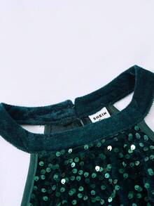 Sparklyn 少女优雅天鹅绒串珠无袖修身网眼蛋糕裙，秋冬奢华派对礼服 - 墨綠色 - 查看 8