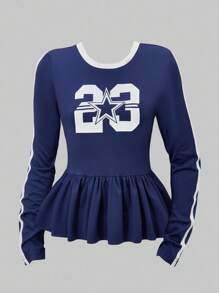 青少年女孩休闲数字印花长袖上衣，适合返校季、春秋季节 - 藍色 - 查看 7
