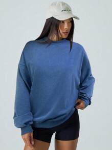 LYSMO 女式圆领落肩长袖羊毛运动衫，秋季，长袖上衣 - 藍色 - 查看 5