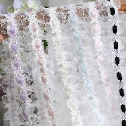 优质 1 码（36 英寸）缎带，带蕾丝花和珍珠装饰 - 复古饰边，适用于连衣裙、新娘头饰、DIY 工艺品、礼品包装、裙边和服装配饰