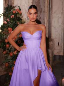 Glamrae Elegantes, luxuriöses Satinkleid mit gerüschtem Volant-Saum, trägerloses Vokuhila-Kleid, geeignet für Hochzeit, Singles-Party, Urlaub, Tanzparty, formelles Abendessen (stark verziert)