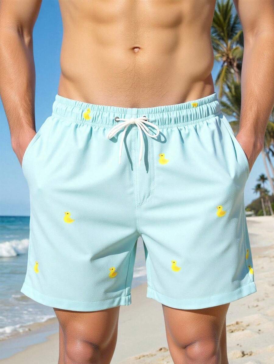 Manfinity Swimmode Men's Cartoon Duck Printed Drawstring Waist Pocket Beach Shorts - Mint Green - View 1