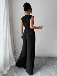 Selianne 2件套女士纯色褶皱圆领无袖上衣和连衣裙套装，适合大学穿着 - 黑色 - 查看 2