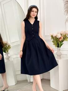 2 pezzi/Set Ragazze Adolescenti Top Canotta Tinta Unita e Gonna Plissettata, Set Elegante - Blu reale - Visualizzare 4