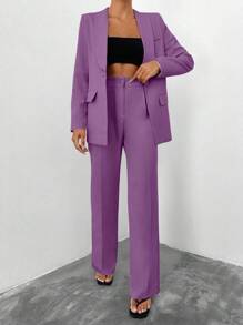 EURMUSE 女式纯色西装外套和裤子套装 - 紫丁香色 - 查看 5