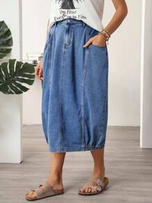 EMERY ROSE Women's Loose Casual Flower Bud Denim Skirt With Pockets - Blue - View 3