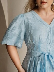 Anewsta Vestido de mujer de talla grande elegante con mangas abullonadas y lazo a la cintura en color azul fresco