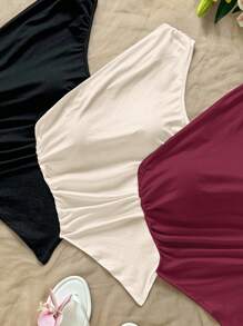 Soleia 3pcs Asymmetrical Shoulder Asymmetric Hem Tops, Black, Apricot, Red, Suitable For Summer Vacation One Shoulder Top One Shoulder Tube Top Asymmetrical Tube Top Strapless Top Suitable For Going Out