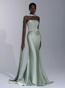 Elitara 优雅迷人的水蓝色水钻装饰美人鱼长裙，配有可拆卸拖尾，适合婚礼、派对、舞会、宴会（重度装饰） - 軍綠色 - 查看 7