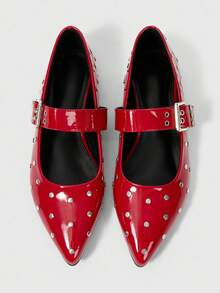 ROMWE Grunge Punk Zapatos planos cómodos, ajustables, de estilo punk, con punta puntiaguda, hebilla cuadrada con tachas, elegantes y sexy para uso diario, trabajo, fiesta - Rojo - Ver 1