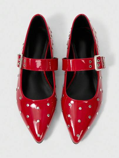 Grunge Punk Women's Pointed Toe Stud Square Buckle Punk Style Chic Sexy Adjustable Slip On Comfortable Flat Shoes For Daily, Work, Party