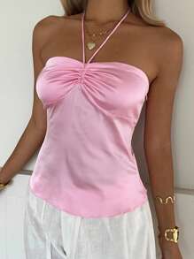 SHEIN EZwear Women's Satin Ruched Bust Halter Neck Top, Pink Top Women