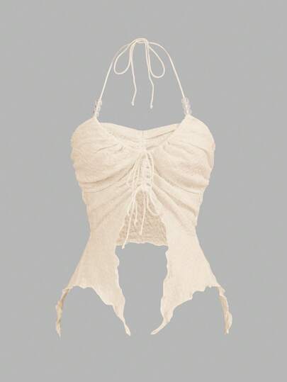 SHEIN ICON Drawstring Front Asymmetrical Hem Halter Top