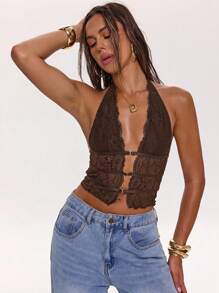SHEIN BAE 女士纯色蕾丝拼布镂空露背短款背心，适合春夏季假期、约会、音乐节、音乐会、西部装、狂欢、性感上衣、外出 - 咖啡棕 - 查看 3