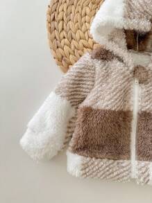 SHEIN Newborn Baby Girls Cute Plush Hooded Jacket, Checkered Pattern, Versatile For Autumn/Winter Fall Neutral - Multicolor - View 4