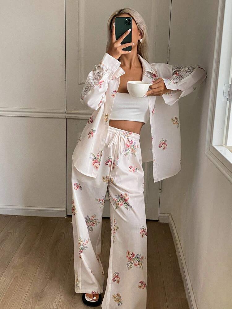 Floral All-Over Print Lace Pocket Accent Shirt Style Top & Pants Women Pajama Set, Fall Clothes