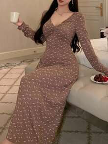 DAZY Long Floral V-Neck Ruched Nightgown Pajama, Winter - Camel - View 3