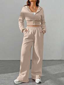 SHEIN EZwear 女士时尚棕色拉链连帽运动衫和裤子两件套 - 杏色 - 查看 6