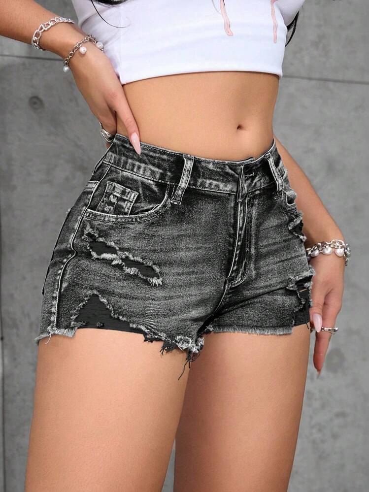 SHEIN PETITE Short de jean desgastado para mujer con bolsillos, informal y versátil - Gris - Añade 5