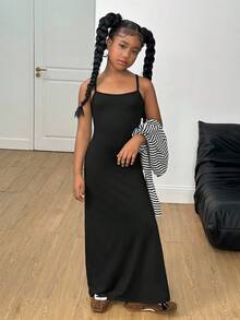 SHEIN Tween Girls Striped Loose Top + Strap Maxi Dress 2 Piece Set, Casual Daily Fashion Versatile Outfit Girls Black And White Stripe Shirt Long Black Skirt Skirt Two Piece Set Girls Black And White Striped Top And Black Maxi Skirt Set Teen Girl Skirt Set Girls Black And White Striped Top And Skirt Set Black And White Striped Shirt And Black Skirt - Black - View 3