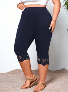 SHEIN CURVE+ Quần legging bó sát màu đen khoét lỗ cỡ lớn dành cho nữ Quần legging Capri cỡ lớn Quần legging Capri dành cho nữ Quần capri cong cỡ lớn dành cho nữ Quần capri co giãn cao - Màu xanh hải quân - Xem 5