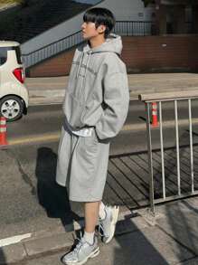 DAZY Men's Letter Print Hoodie Sweatshirt Set, Casual For Spring & Autumn - Grey - View 6