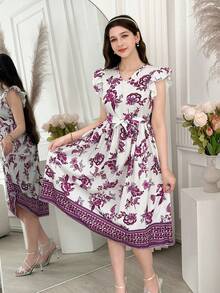 少女优雅假日夏季印花领口荷叶袖收腰宽松连衣裙，休闲吊带裙 - 紫色 - 查看 6