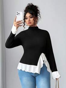 Elenzga Áo thun tay bồng màu đen trắng thanh lịch của Pháp cỡ lớn dành cho nữ, cổ đứng, áo chui đầu - Đen và trắng - Xem 3