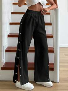 SHEIN PETITE Pantalón de chándal de algodón de pierna ancha con detalles laterales