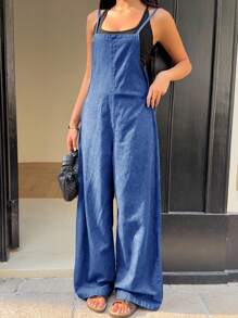 Siren Gaze Women's Casual Loose Fit Blue Denim Bib Overall With Wide Leg Jumpsuit Denim Jumpsuits For Women Winter Casual - Medium Wash - View 5