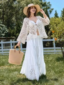 DAZY 女士宽松拼接喇叭度假半身裙，春夏款 - 白色 - 查看 4