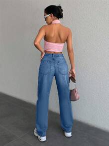 SHEIN Quần Jeans Ống Đứng 100% Cotton Cho Nữ - Màu xanh nhạt - Xem 2