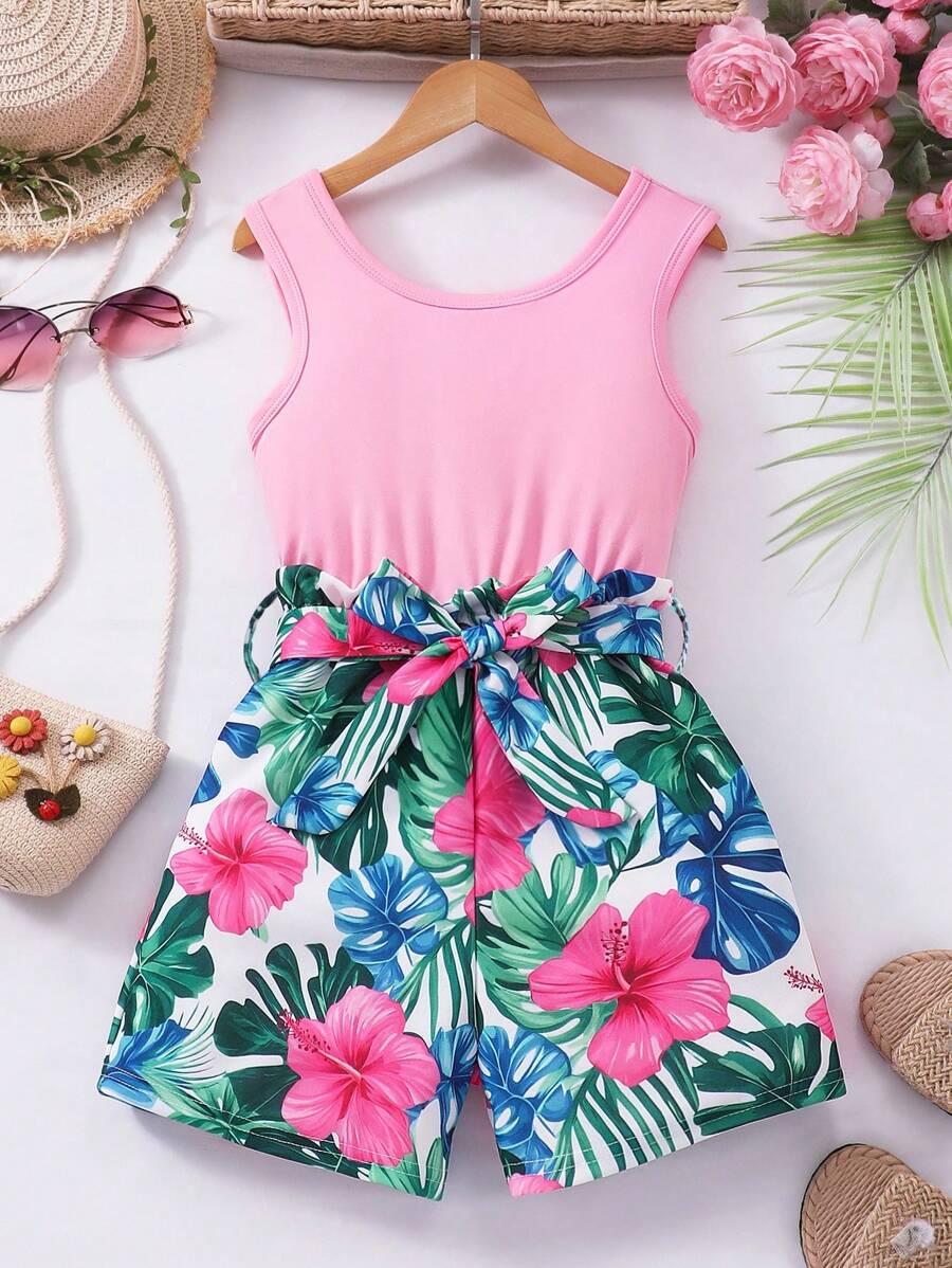 Tween Girls' Tropical Plant Print Sleeveless Romper, School, Campus ...