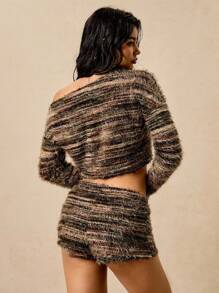 Easelle Women's Chic Fuzzy Knit Two Piece Set,Autumn Brunch Asymmetrical Shoulder Long Sleeve Crop Top And Shorts,All Shades Of Brown Sweater Set - Multicolor - View 6