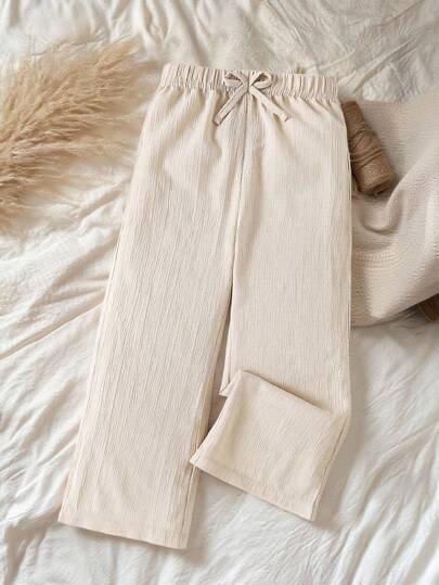 SHEIN Tween Girl Casual All-Match Versatile Loose Comfortable Beach Wide Leg Pants In Apricot Textured Fabric, New Spring/Summer Collection, Matching With Mom And Sister