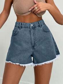 EURMUSE 100%纯棉女款浅蓝色石洗磨边牛仔短裤 - 藍色 - 查看 4